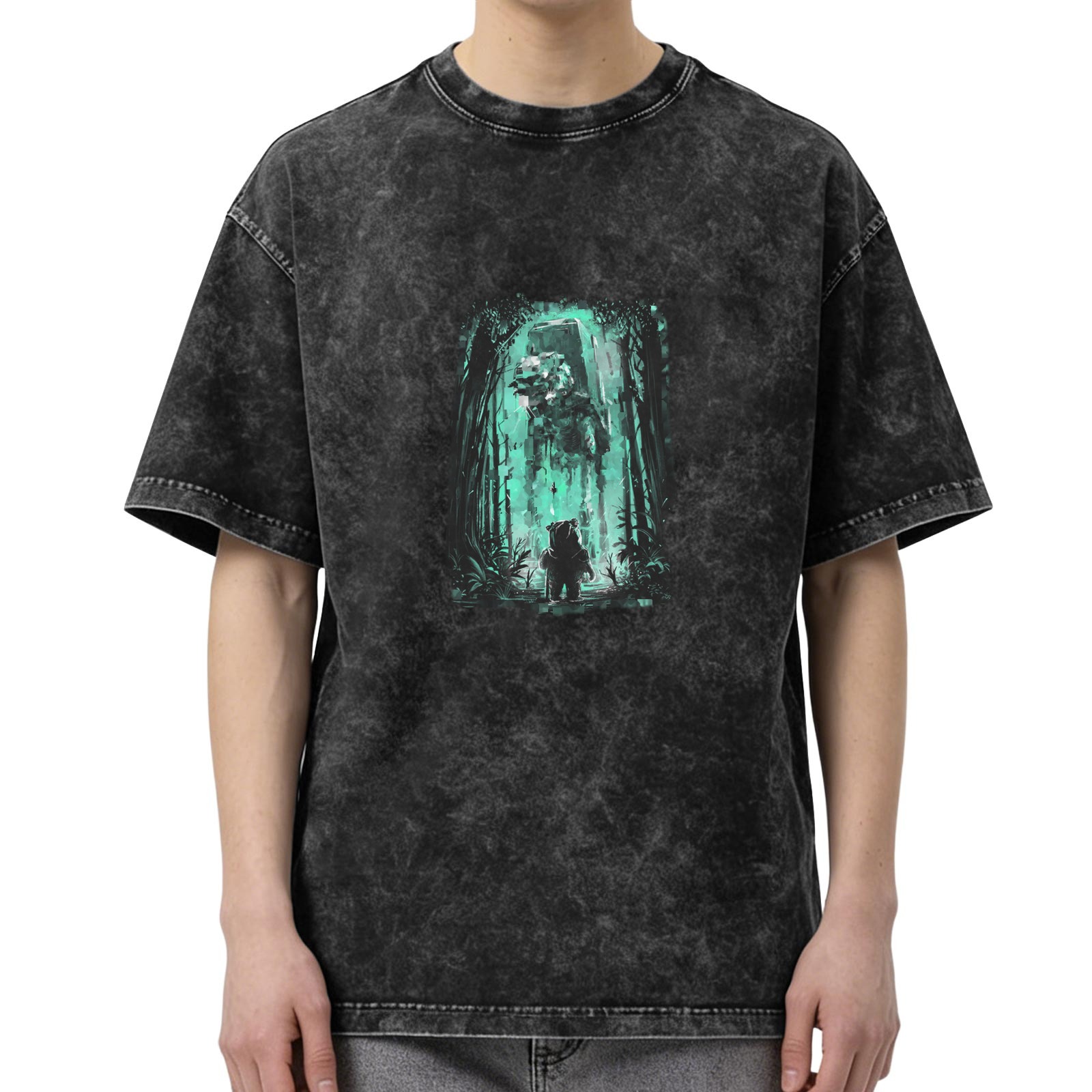 Distressed black short-sleeved T-shirt Star Wars themed forest pattern printed top
