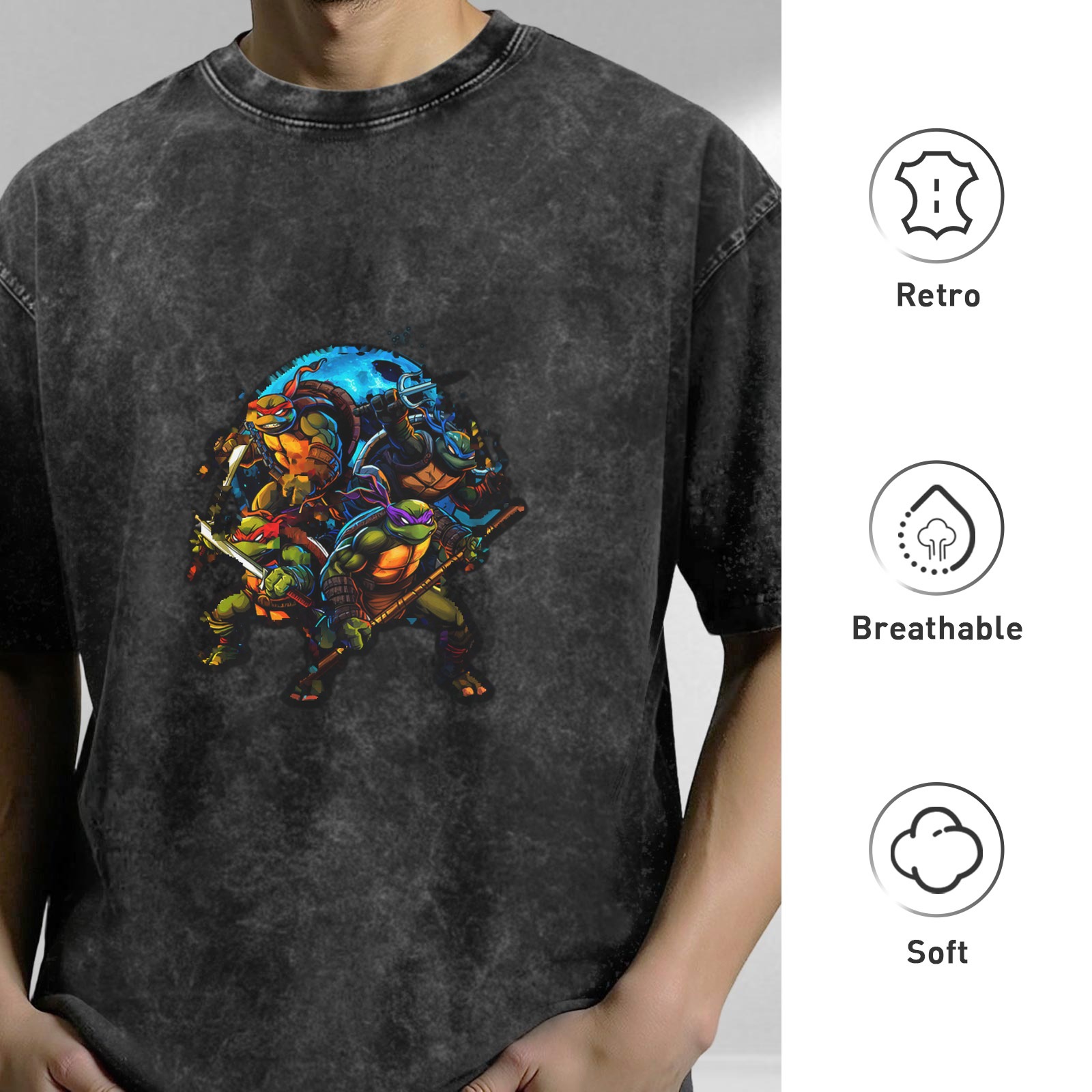 Oversized Dark Wash T-Shirt with Teenage Mutant Ninja Turtles Graphic