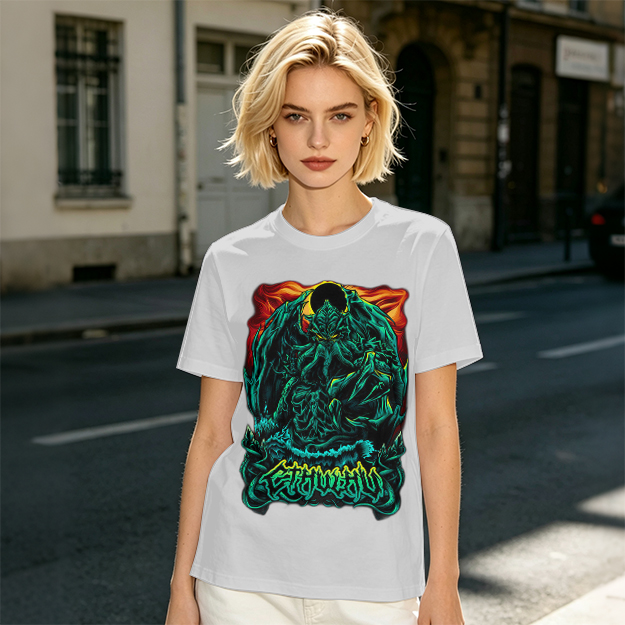 Olive Green T-Shirt With Dark Fantasy Monster Graphic Print