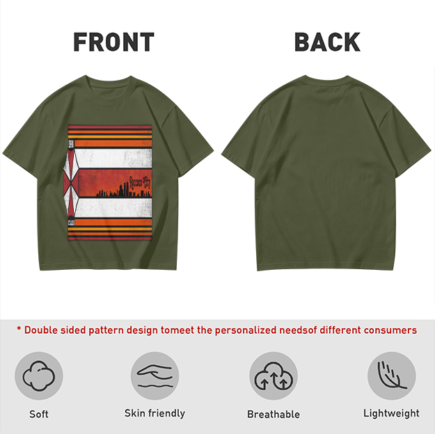 Olive T-Shirt With Retro Striped City Skyline Graphic Print