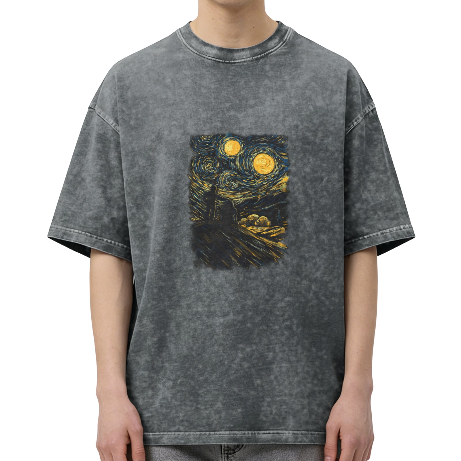 Oversized Washed T-Shirt with Starry Night Art Print