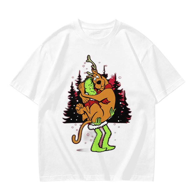 Olive Christmas T-Shirt Featuring Scooby-Doo Hugging The Grinch
