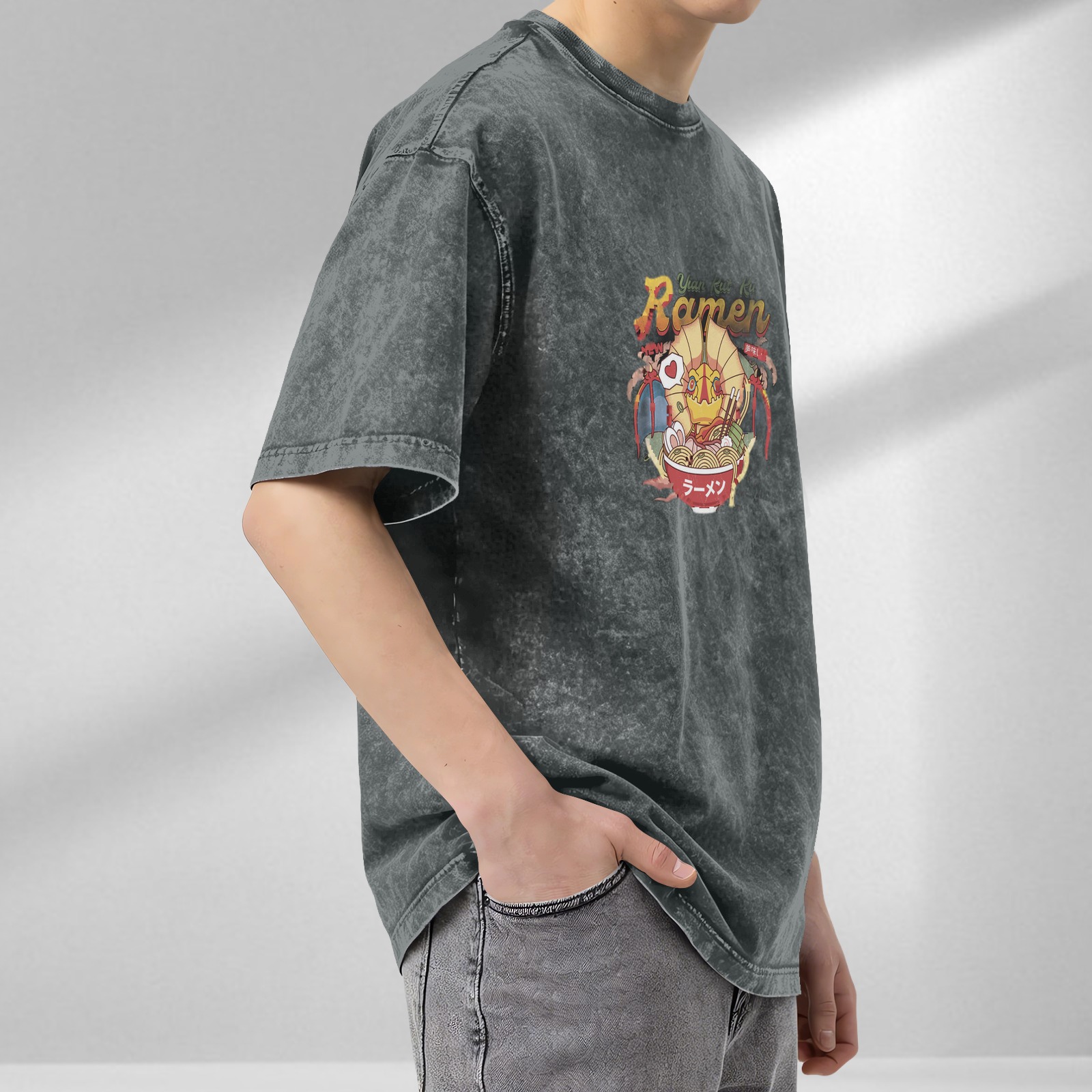 Oversized Acid Wash T-Shirt with Ramen Anime Graphic
