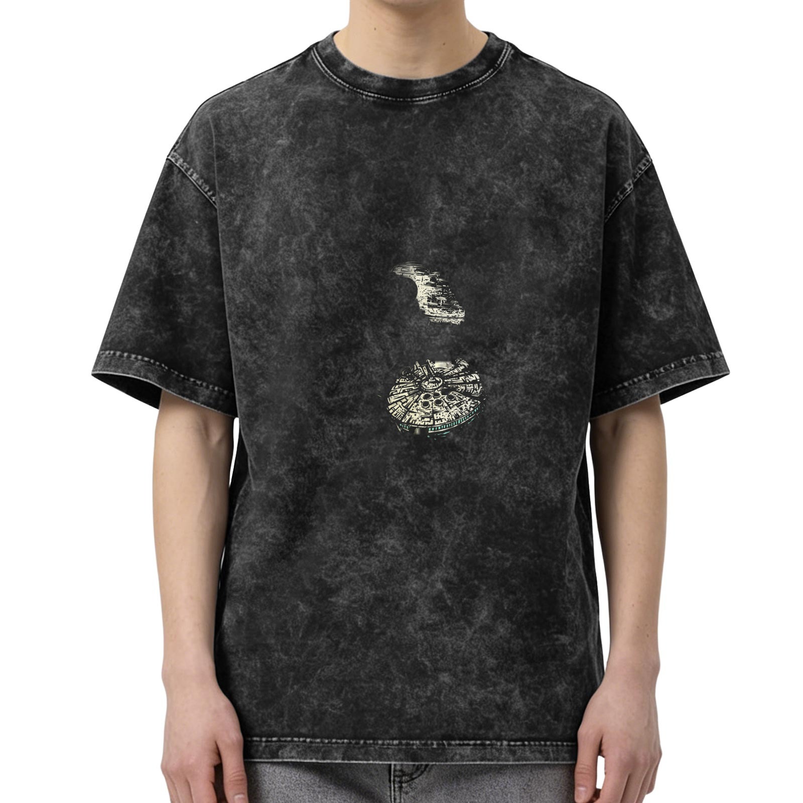 Distressed black and gray printed loose short-sleeved T-shirt