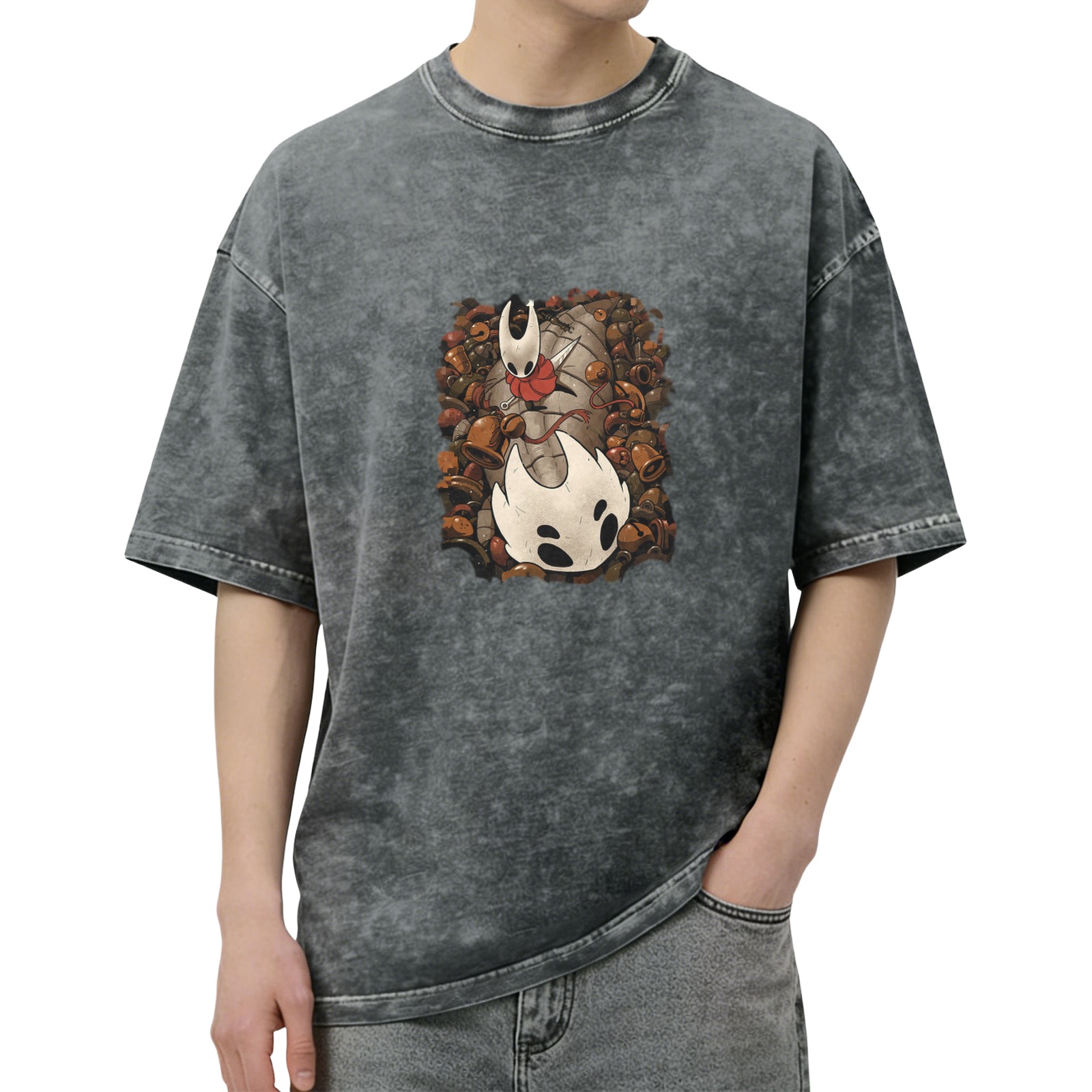 Hollow Knight themed washed distressed short-sleeved T-shirt and game peripheral printed loose top
