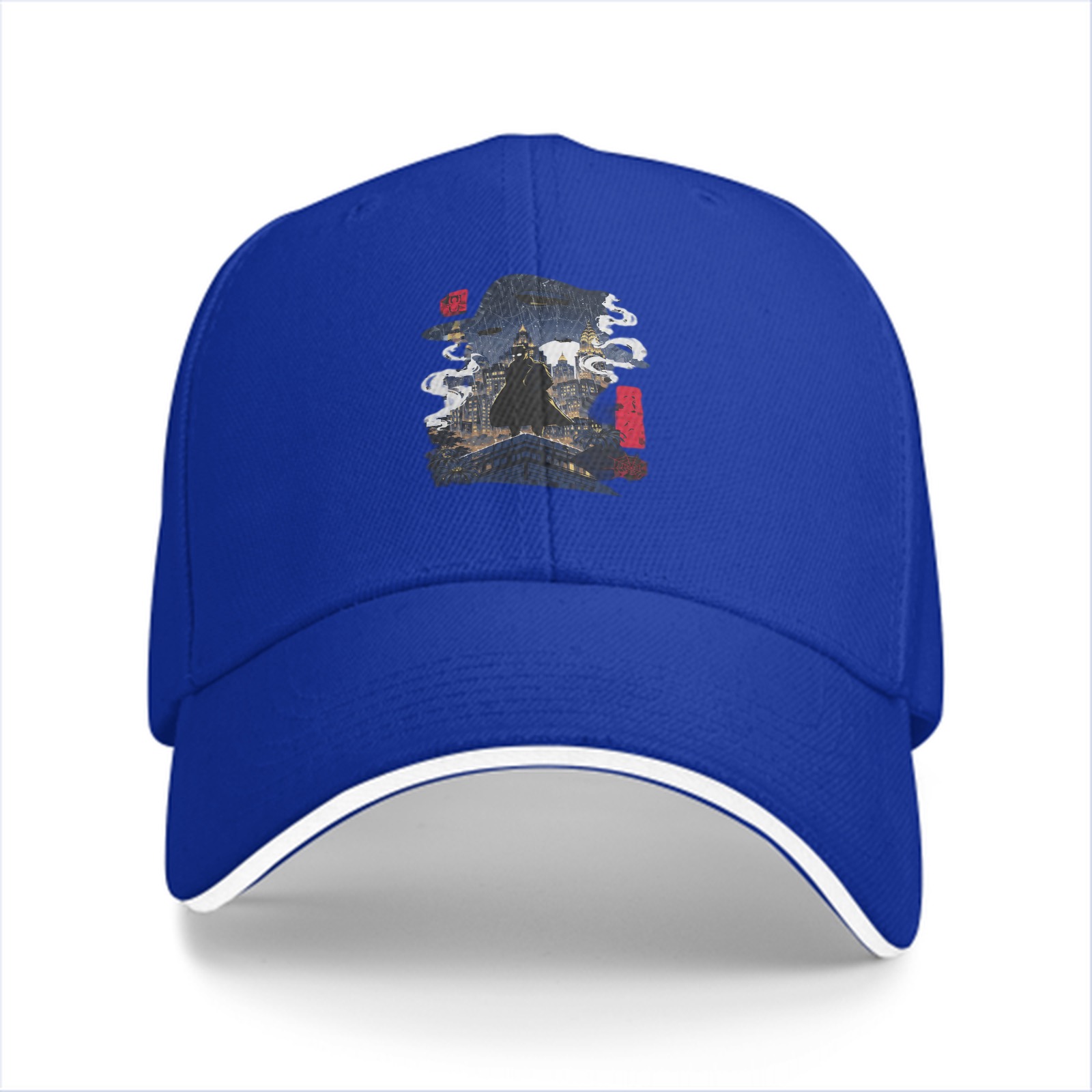 Black baseball cap with fantasy cityscape graphic print
