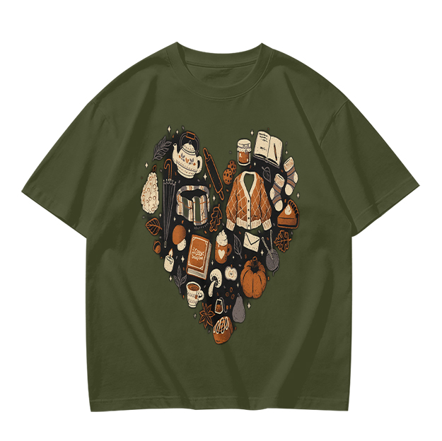 Olive Green T-Shirt With Fall Themed Heart Shaped Graphic