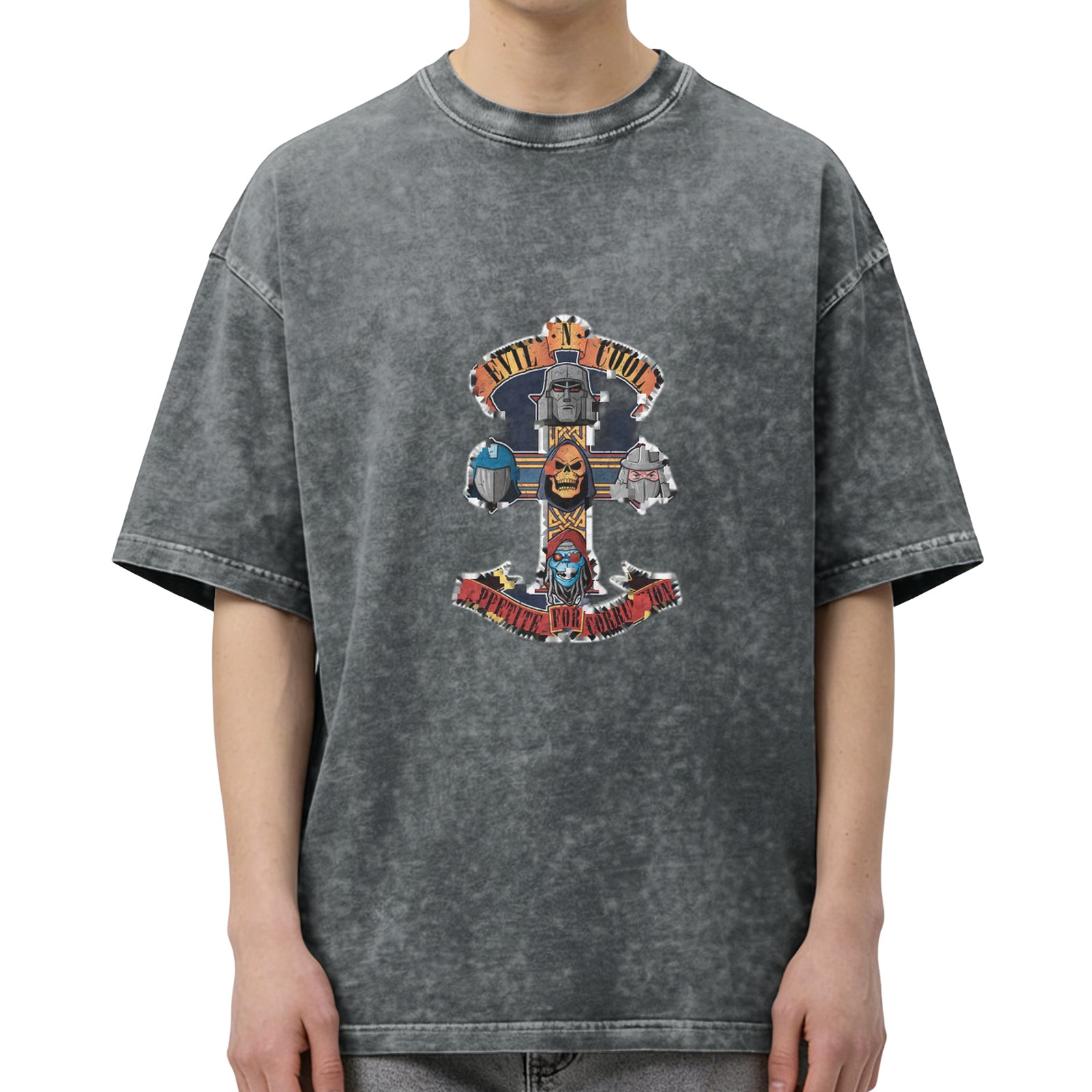Men's Vintage Washed T-Shirt with Transformers 'Appetite for Destruction' Parody Graphic, Oversized Fit, Black Acid Wash