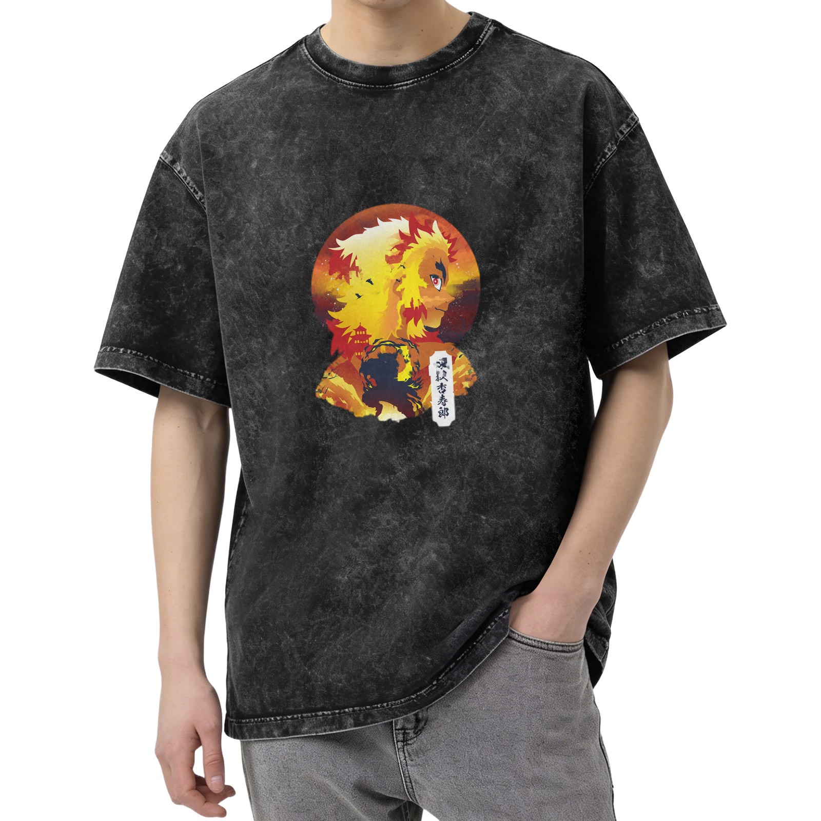 Demon Slayer Rengoku Kyoujurou Flame Hashira Anime Graphic Vintage Wash T-Shirt