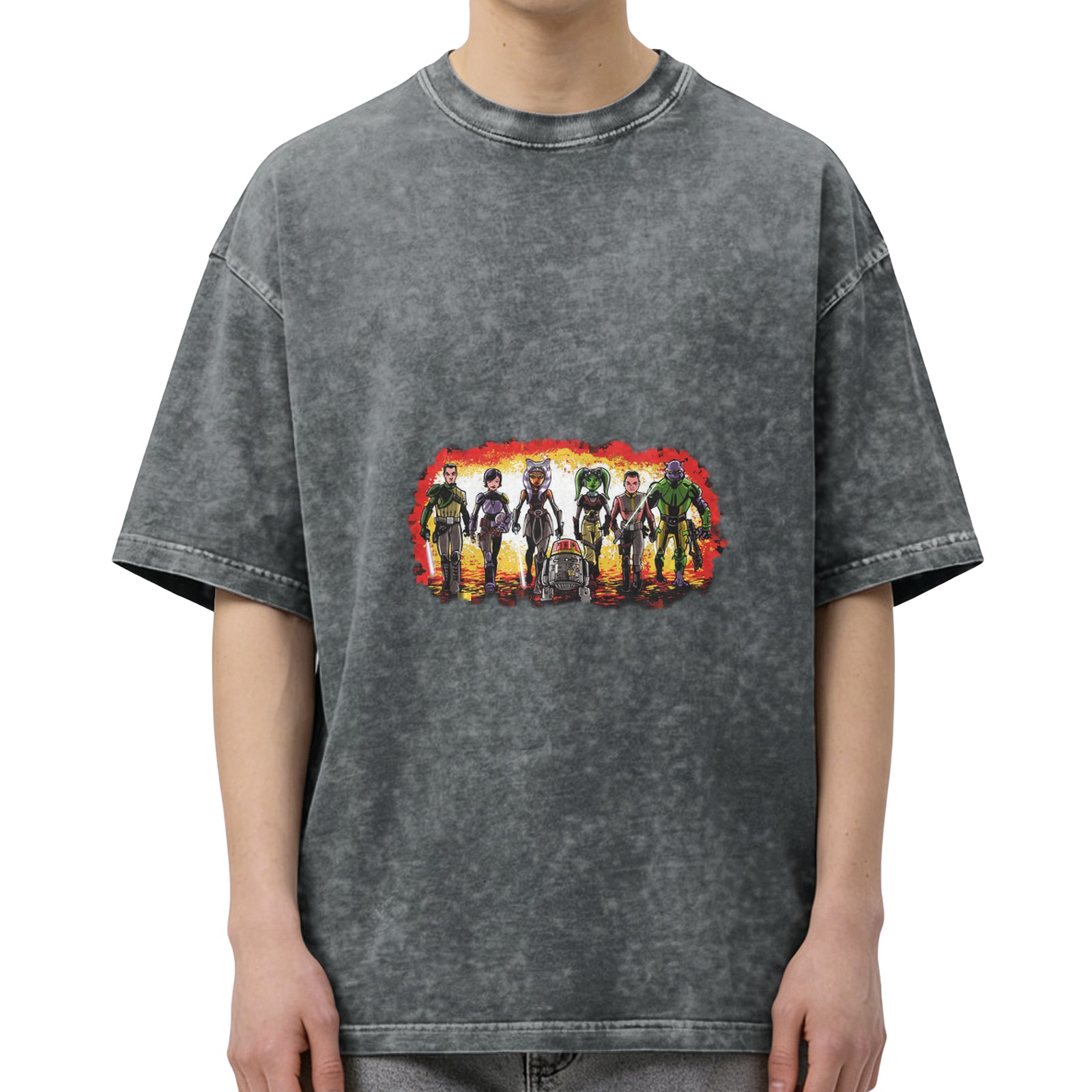 Star Wars Rebels themed distressed short-sleeved T-shirt, retro washed black loose style