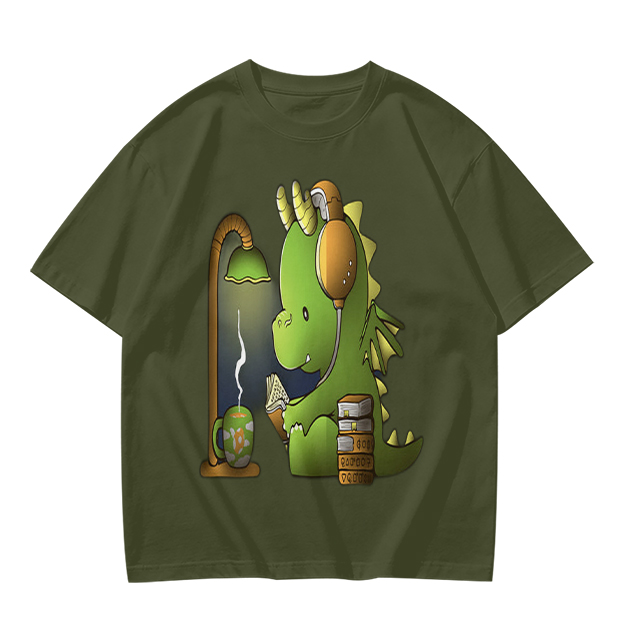 Olive T-Shirt with Cute Dragon Reading and Wearing Headphones
