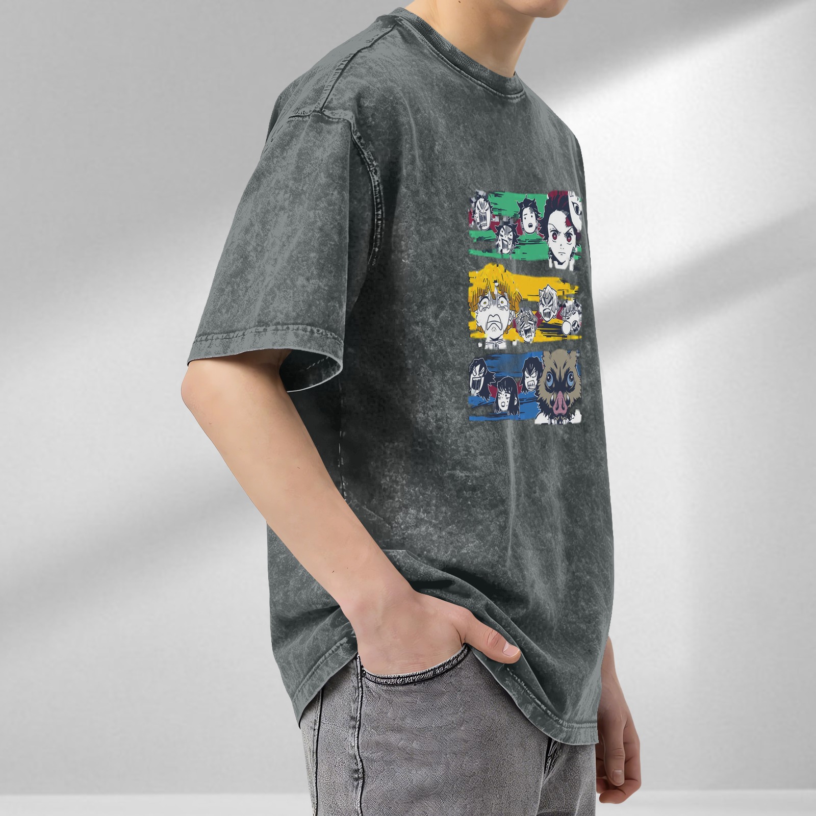 Demon Slayer Anime Character Graphic Oversized Stone Wash T-Shirt