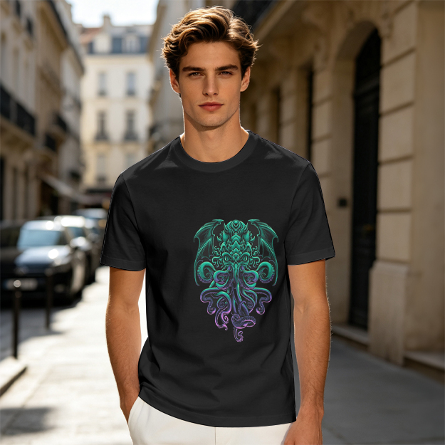 Olive Green T-Shirt With Cthulhu Octopus Dragon Graphic