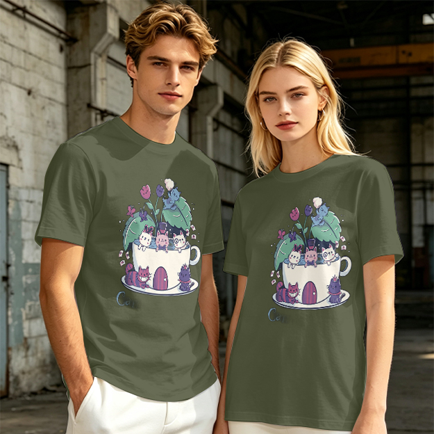 Olive T-Shirt With Whimsical Teacup Kitten Garden Print