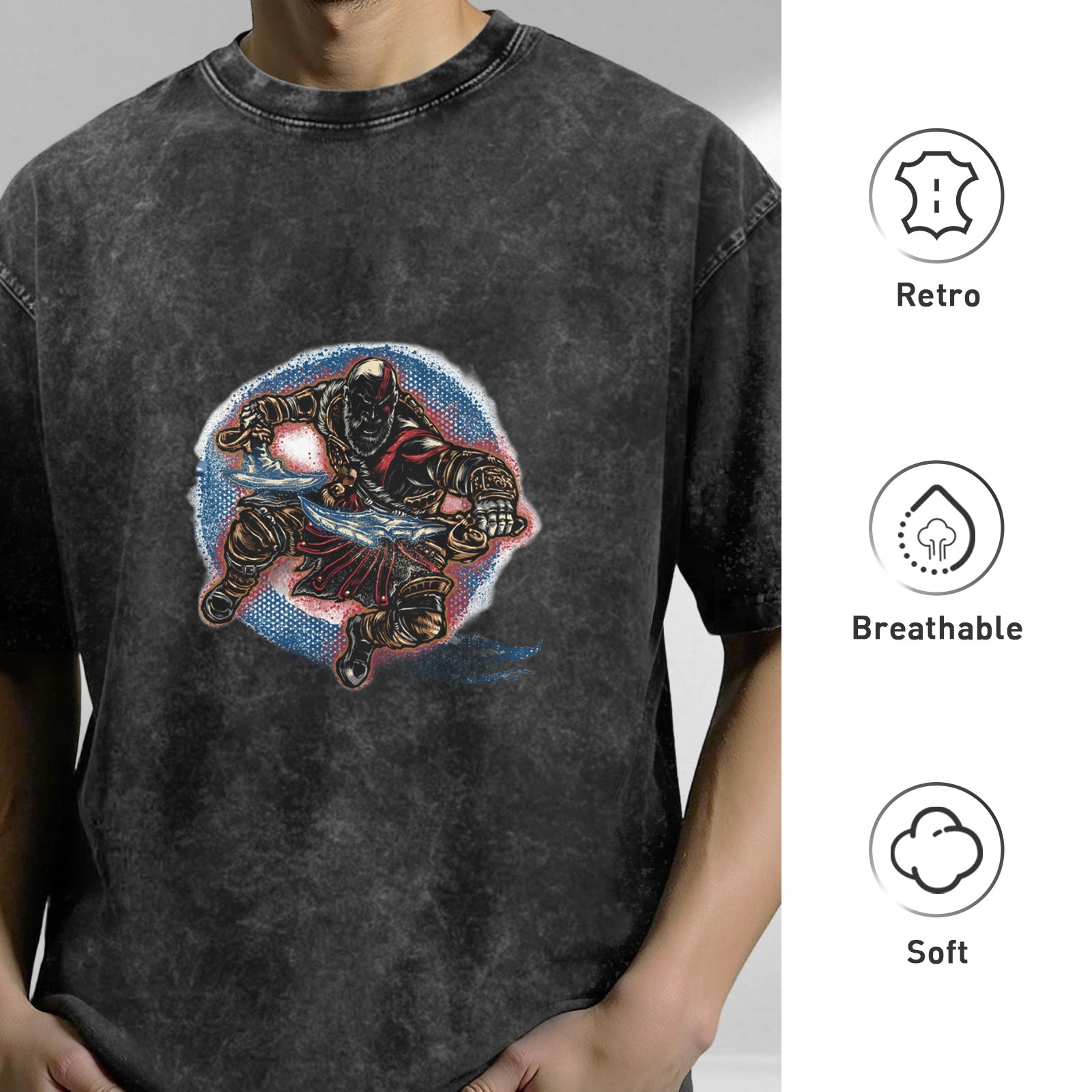 Washed Black Oversized T-Shirt With Warrior Graphic Print