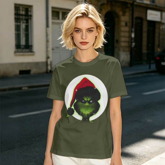 Olive Green T-Shirt With Grinch Wearing Santa Hat Graphic