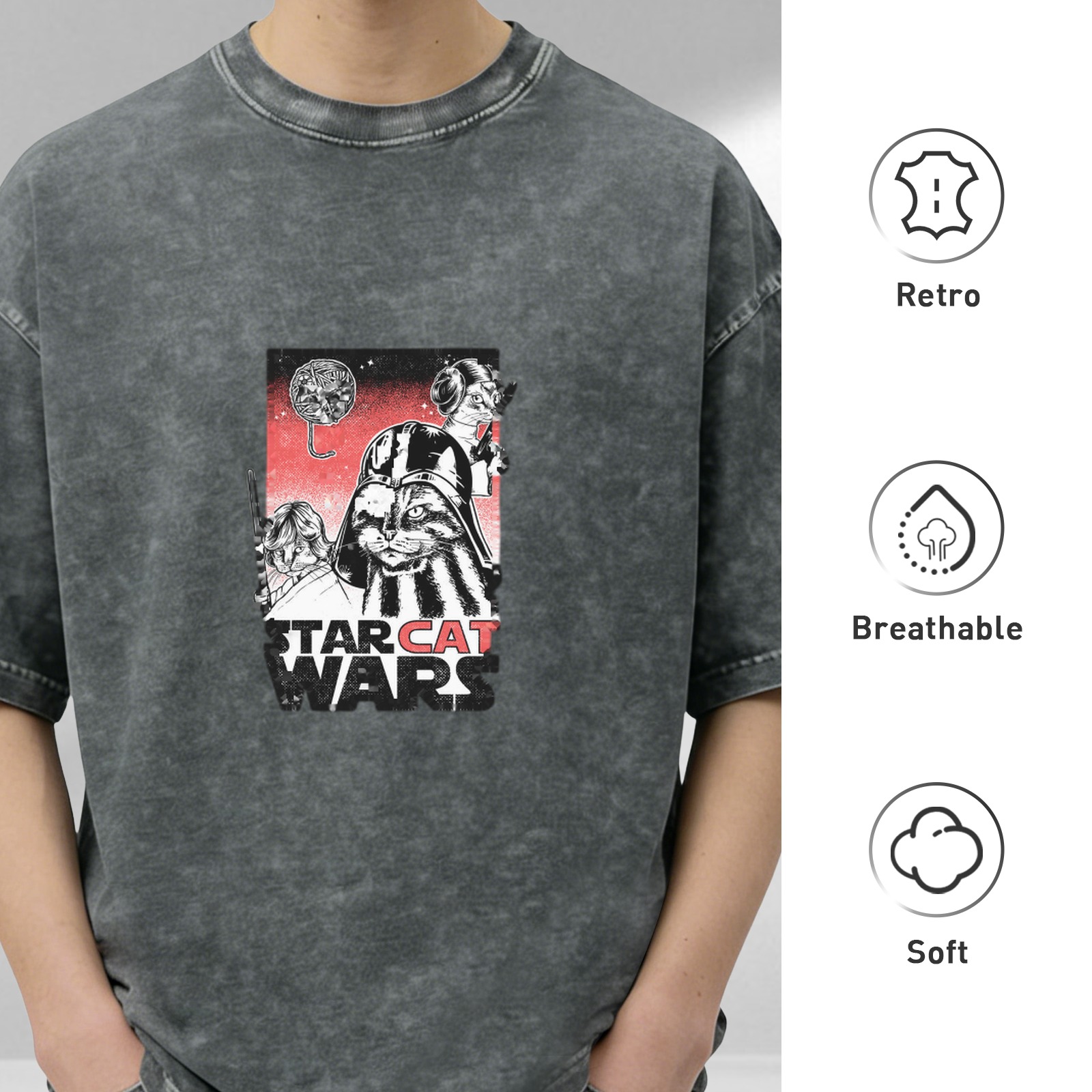 Star Cat Wars Graphic Acid Wash T-Shirt for Cat and Sci-Fi Fans