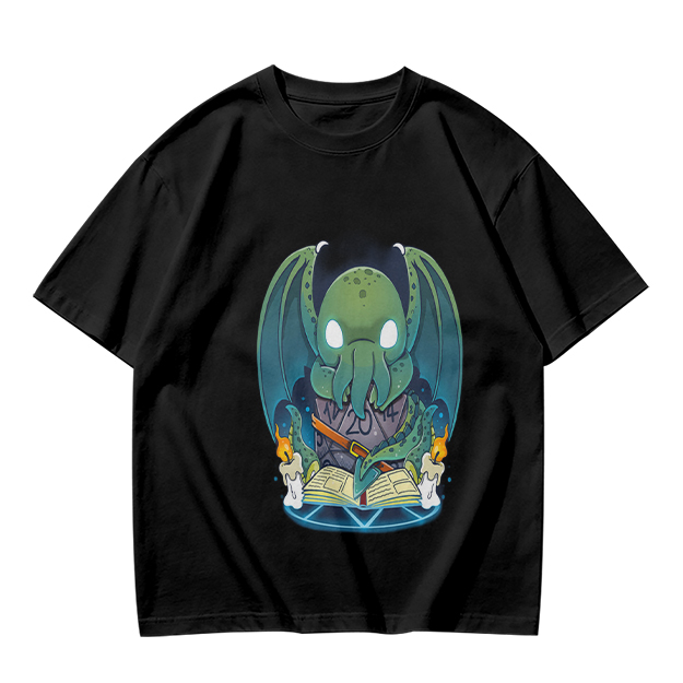 Olive T-shirt with Cute Cthulhu Reading Grimoire Print