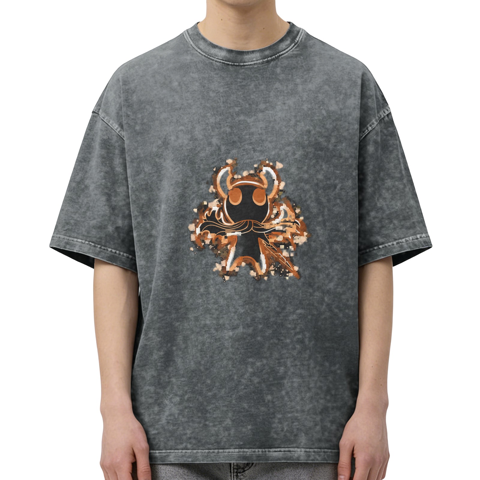 Washed Black Graphic T-Shirt with Hollow Knight Style Character Print