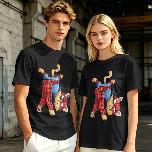 Olive T-Shirt With Playful Spider Cat Superhero Graphic Print