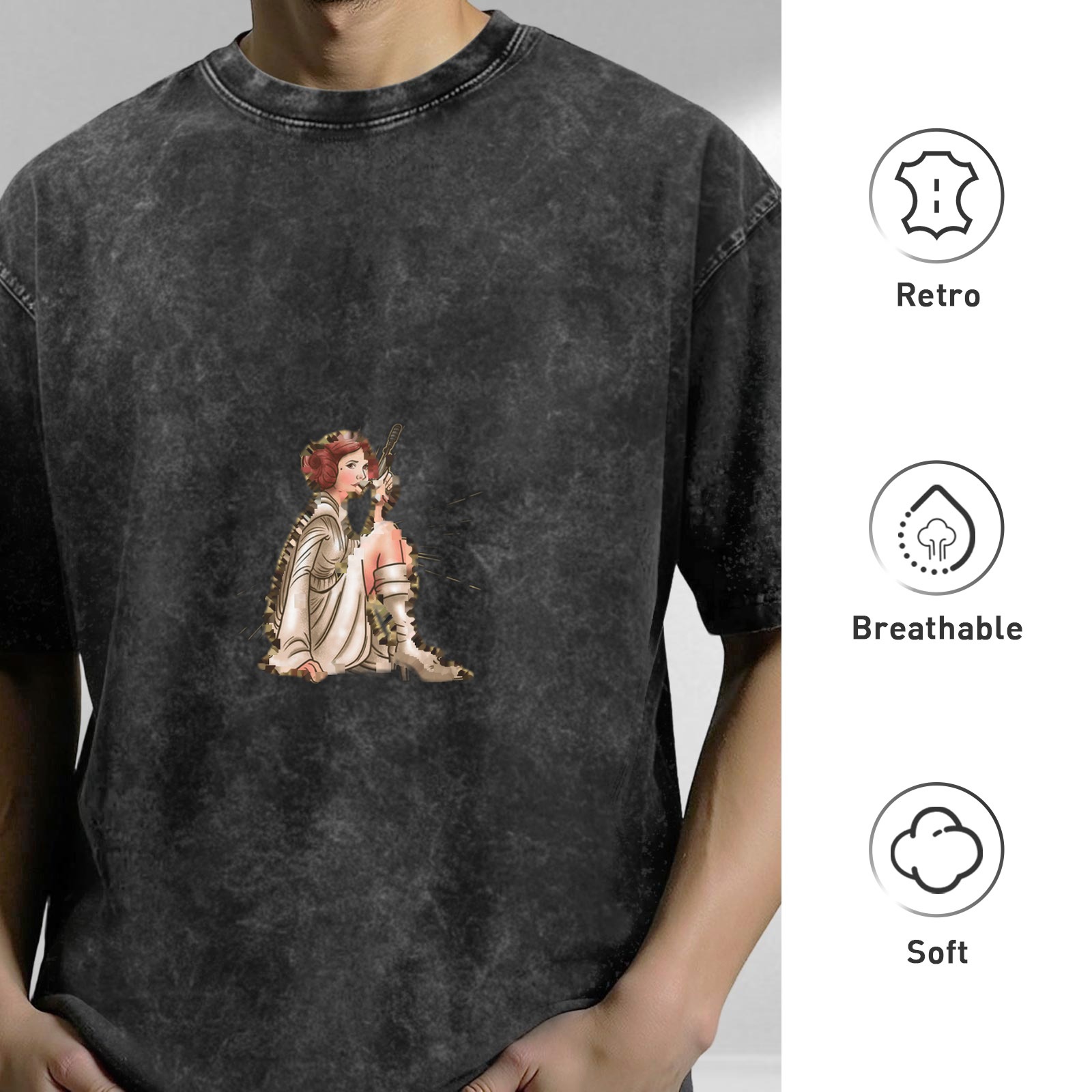 Washed Black Oversized T-Shirt With Princess Leia Graphic Print