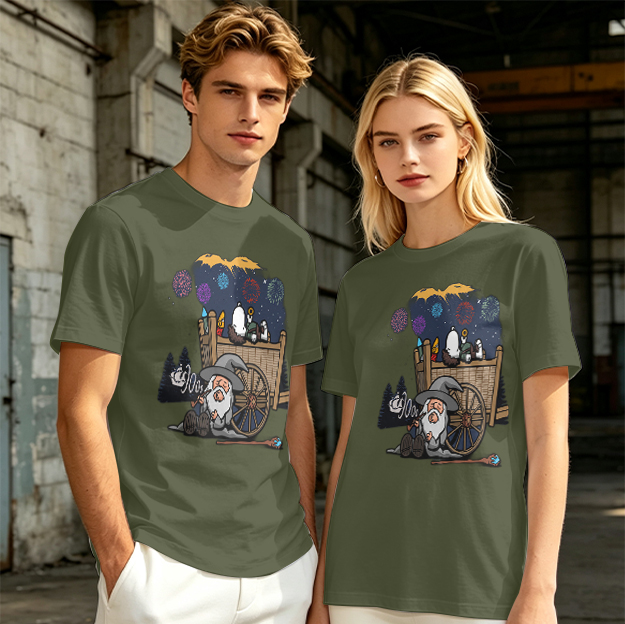 Olive T-Shirt with Wizard and Fireworks Cart Graphic