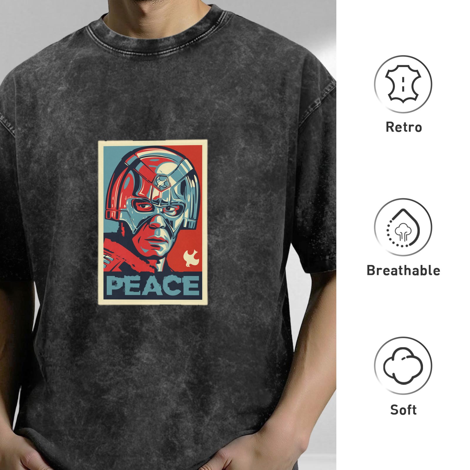 Distressed washed black short-sleeved T-shirt Peacemaker themed print Loose casual top