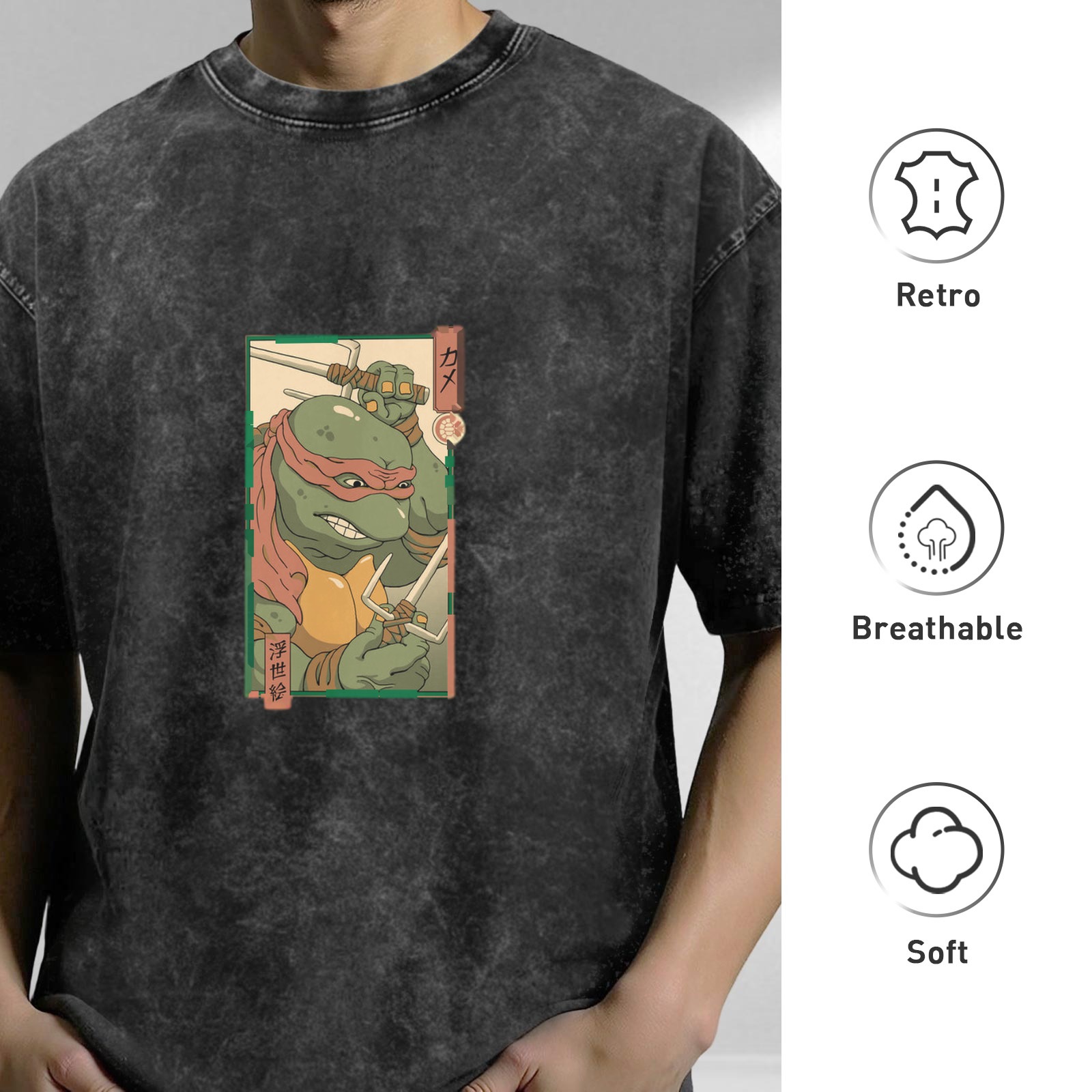 Washed Black T-Shirt with Raphael Ninja Turtle Ukiyo-e Style Print