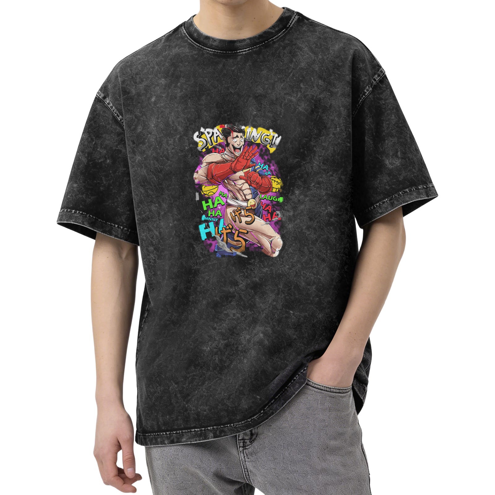 Oversized acid wash t-shirt with anime laughing fighter graphic