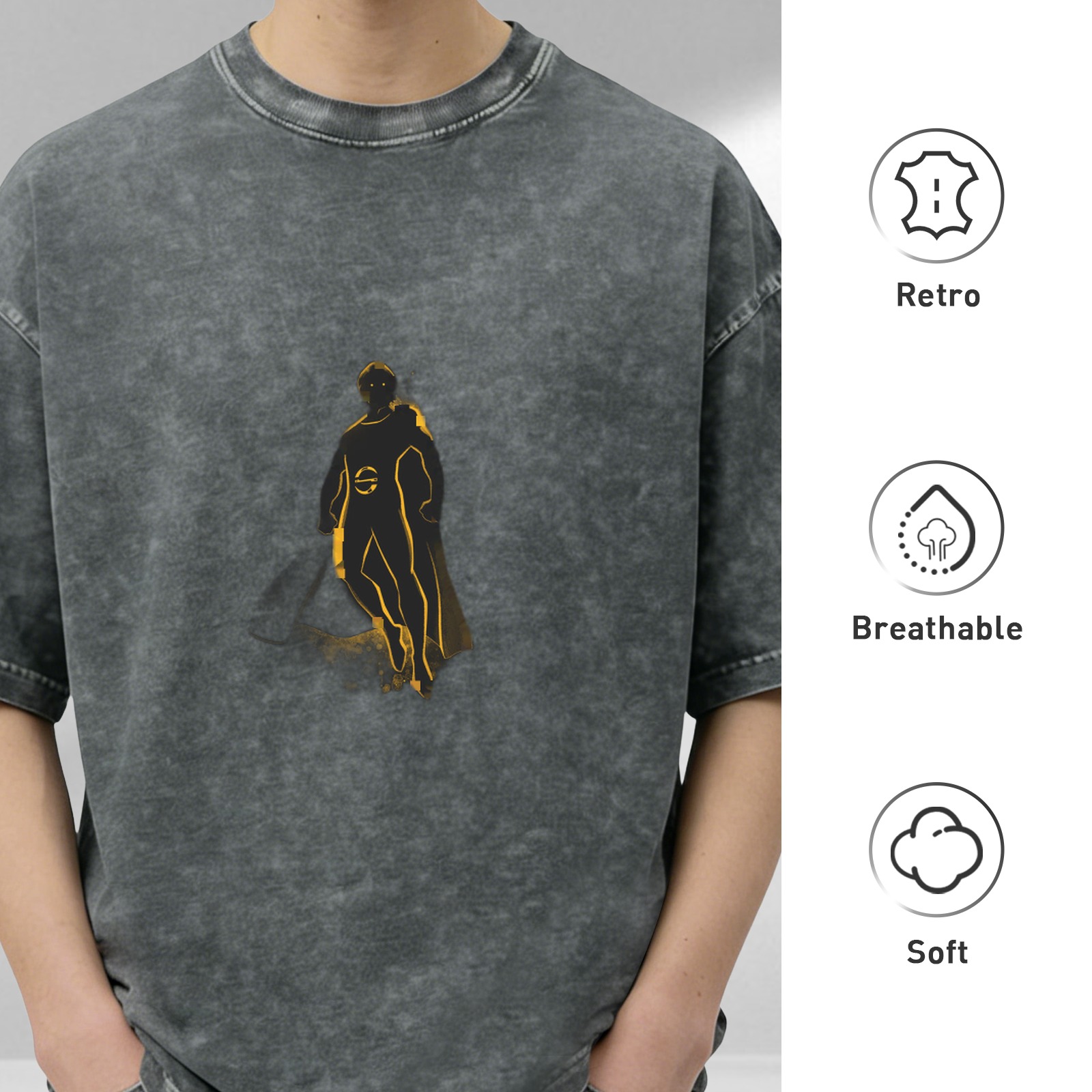 Washed black graphic t-shirt with golden superhero silhouette print