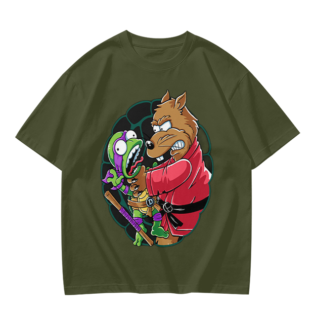 Olive T-shirt with Splinter Grabbing Donatello Ninja Turtle Art