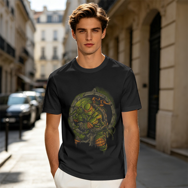 Olive Green T-Shirt With Ninja Turtle Porthole Graphic