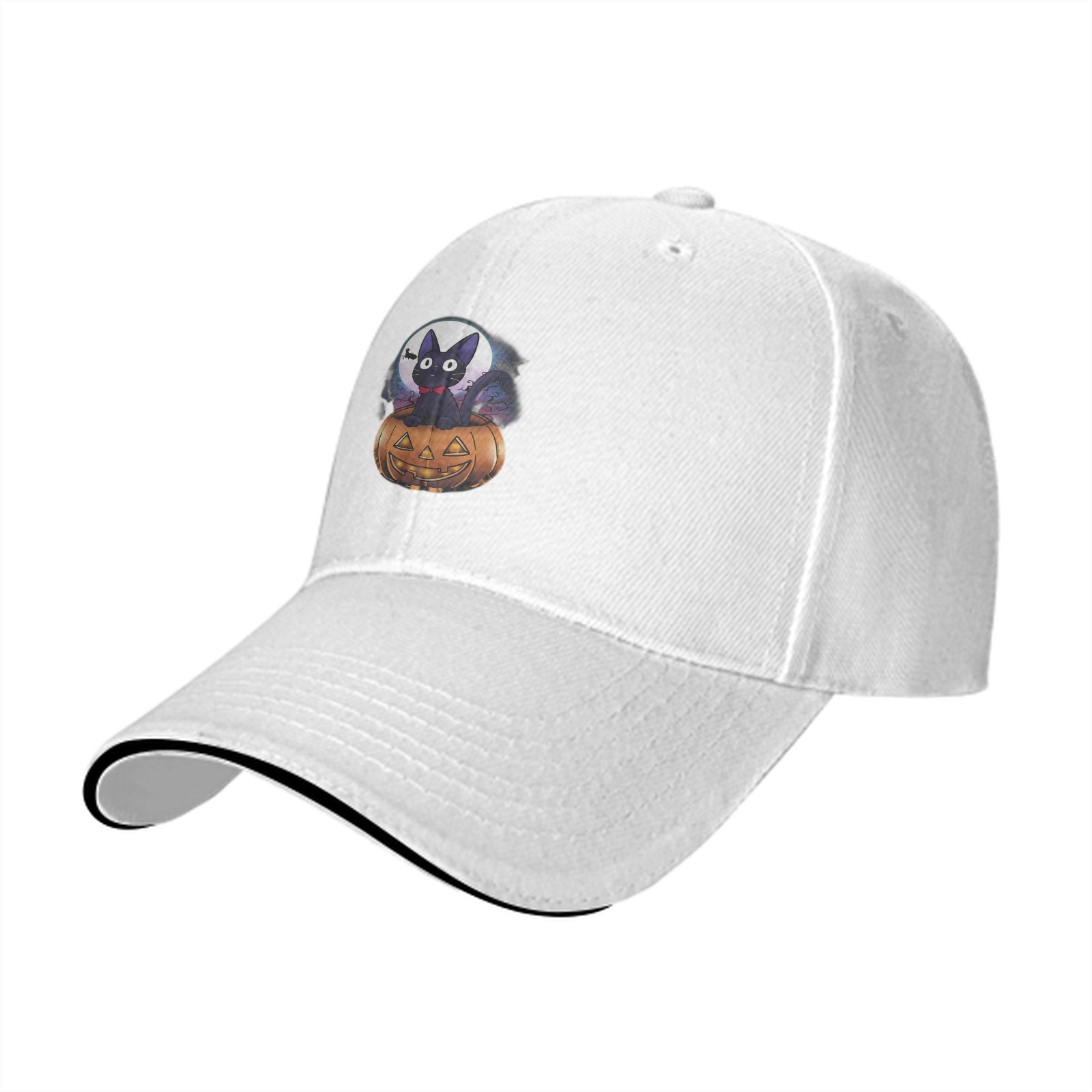 Black Baseball Cap With Halloween Black Cat Jack-o'-lantern Print
