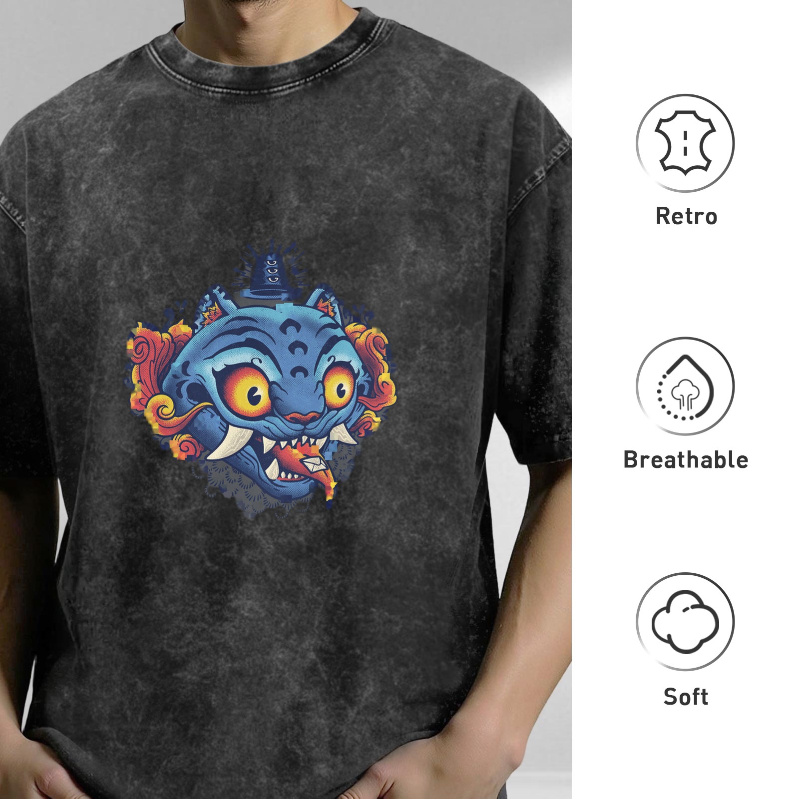 Oversized Acid Wash T-Shirt With Blue Mythical Cat Graphic