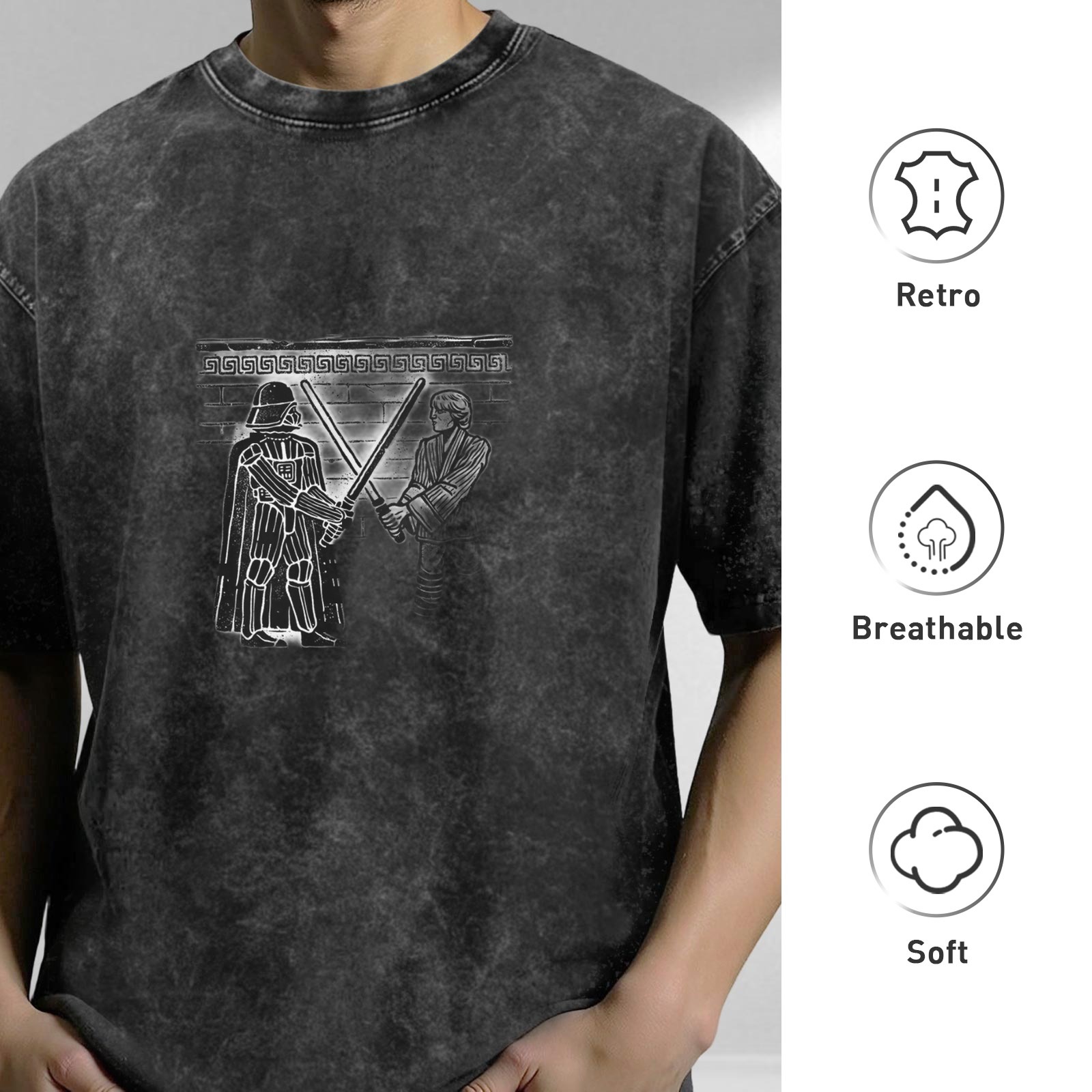 Washed Cotton T-Shirt with Darth Vader vs Luke Lightsaber Duel Art