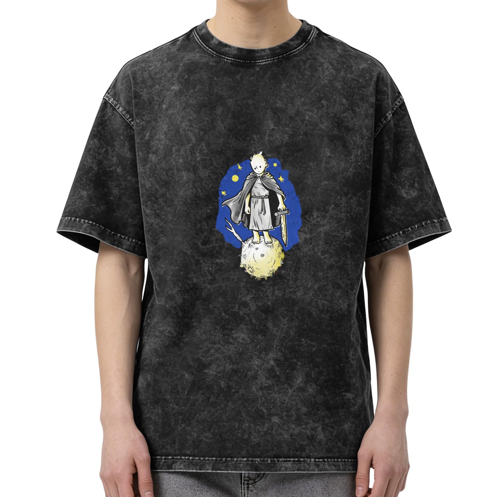 Oversized Acid Wash T-Shirt With Little Prince Space Knight Graphic