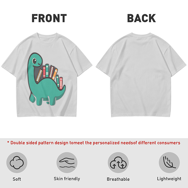Olive T-shirt with cute dinosaur carrying books graphic