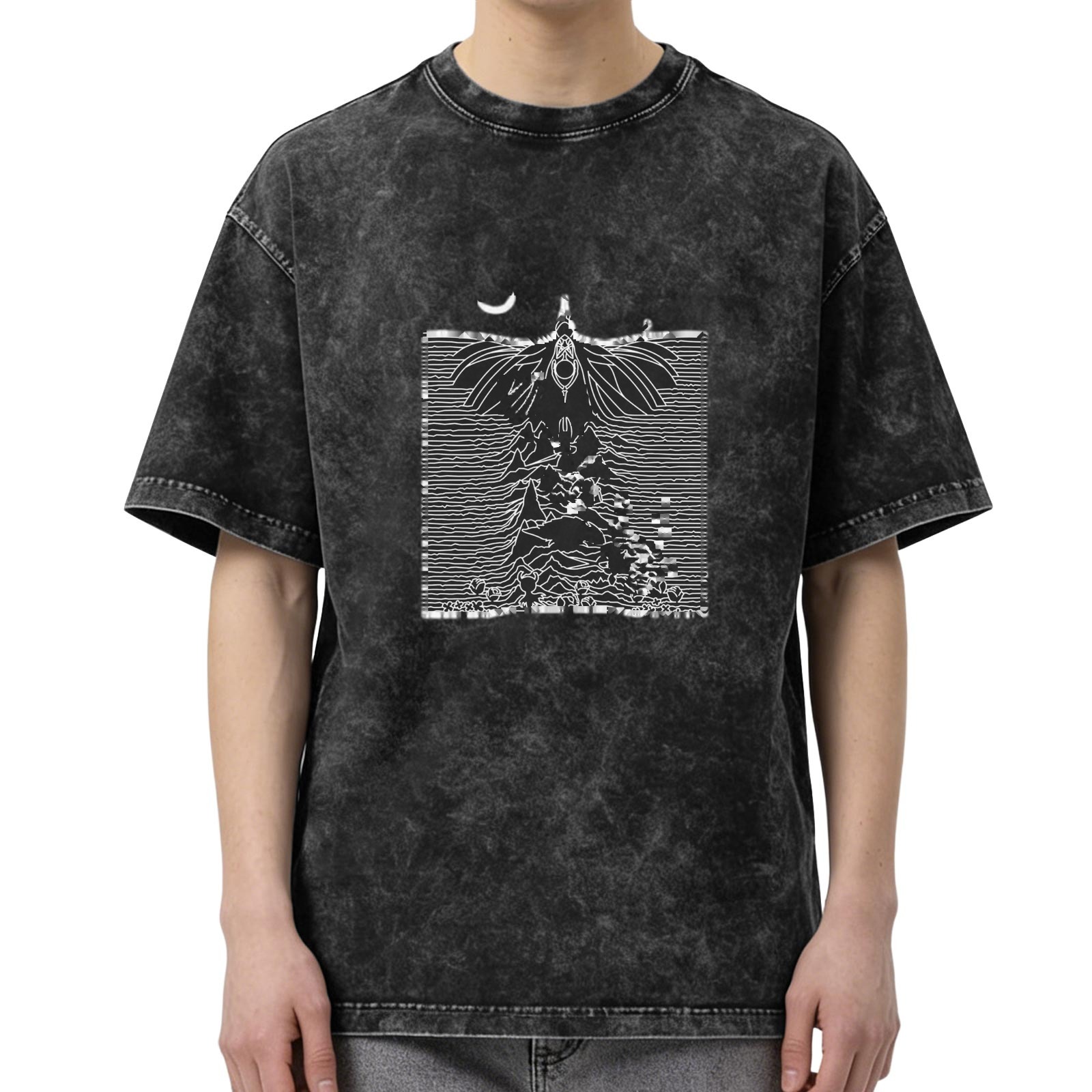 Oversized Acid Wash T-Shirt with Moth Mountain Graphic