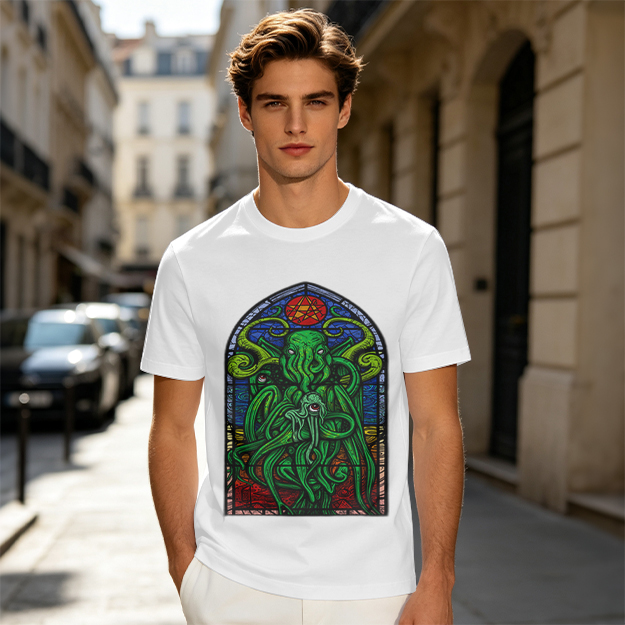 Olive T-Shirt with Cthulhu Stained Glass Style Graphic