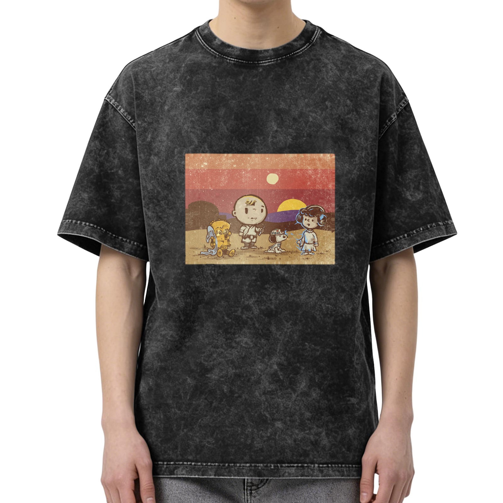 Vintage Washed T-Shirt with Peanuts Star Wars Mashup Desert Sunset Graphic