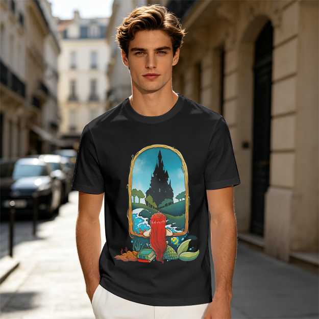 Olive T-Shirt With Mermaid Looking At Castle Art Print