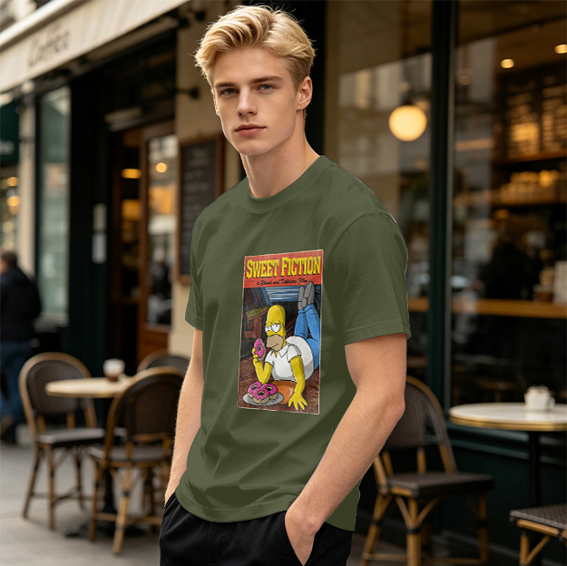 Olive T-Shirt with Homer Simpson Sweet Fiction Donut Print