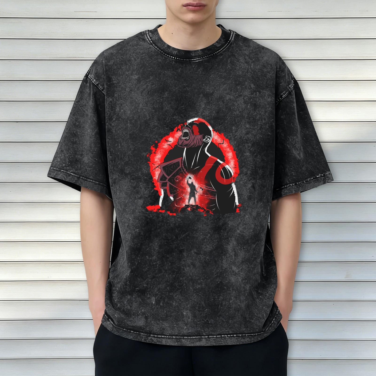 Oversized Stonewashed T-Shirt With Red Warrior Graphic Print