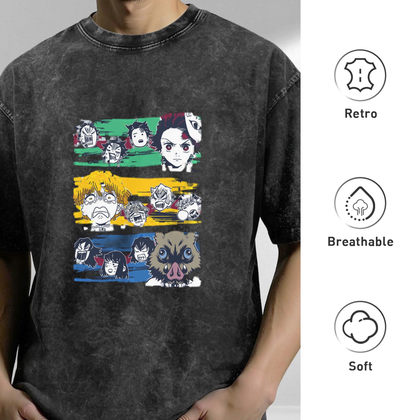 Demon Slayer Anime Character Graphic Oversized Stone Wash T-Shirt