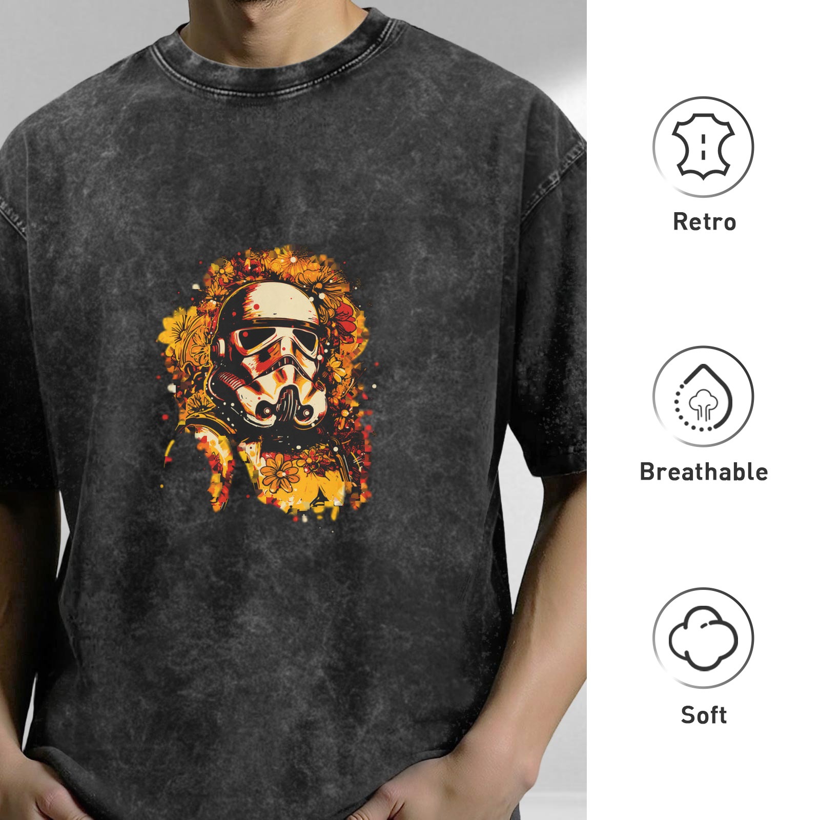 Washed Black T-Shirt with Floral Stormtrooper Graphic