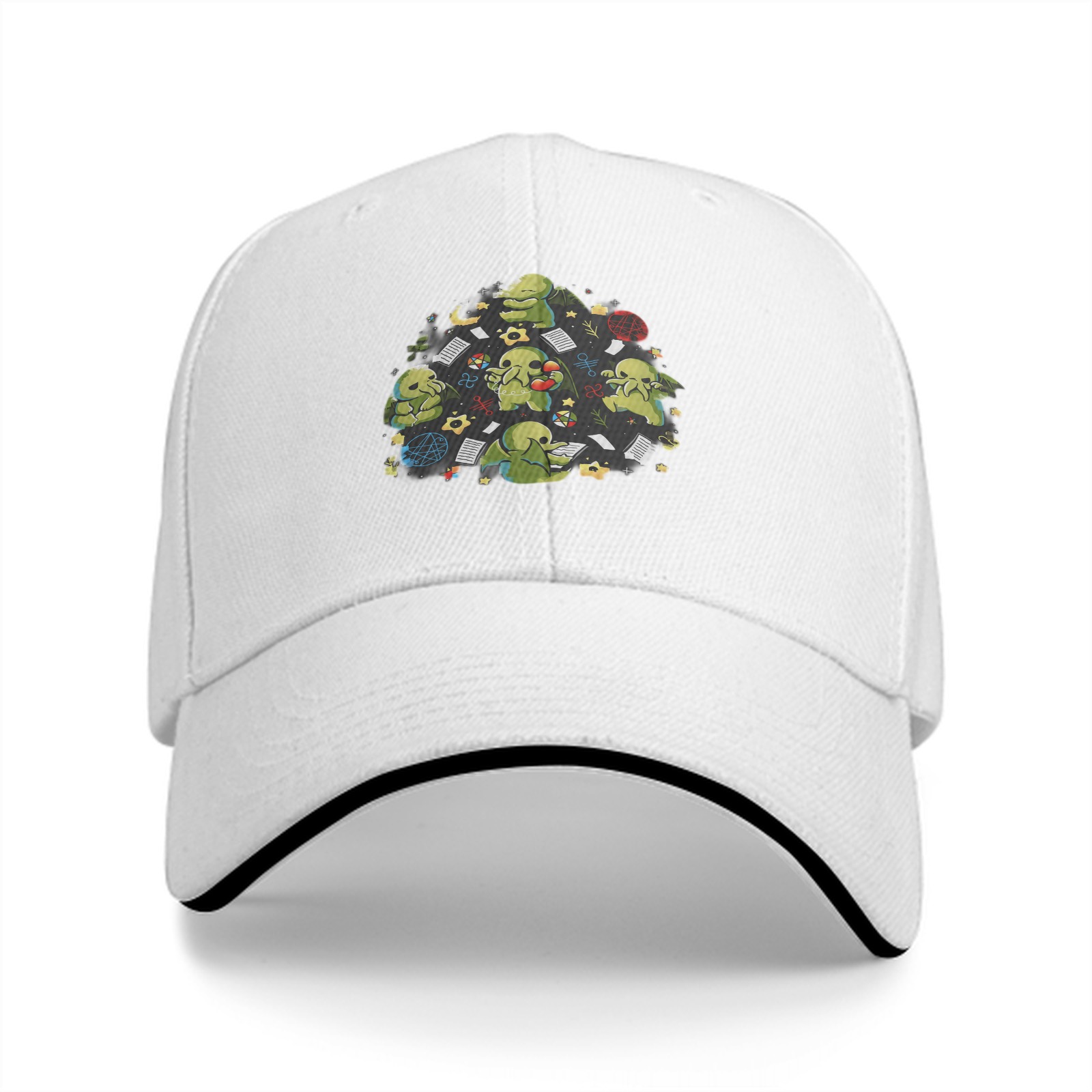 Black Baseball Cap With Cute Cthulhu Themed Print