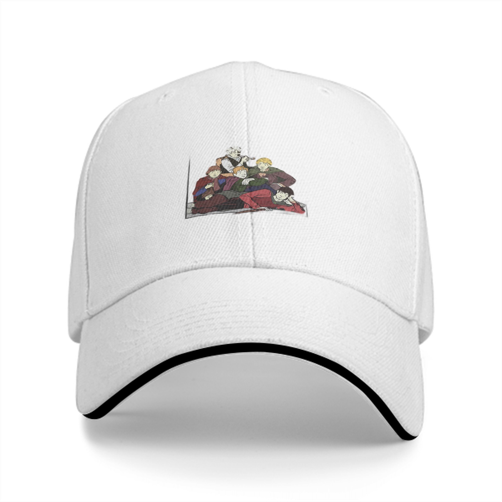 Black baseball cap with anime group character print