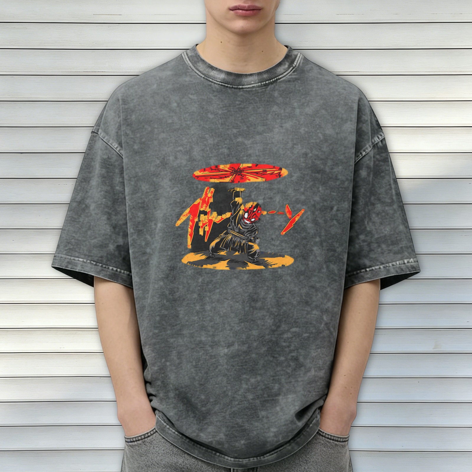 Oversized Acid Wash T-Shirt With Ninja Warrior Graphic Print