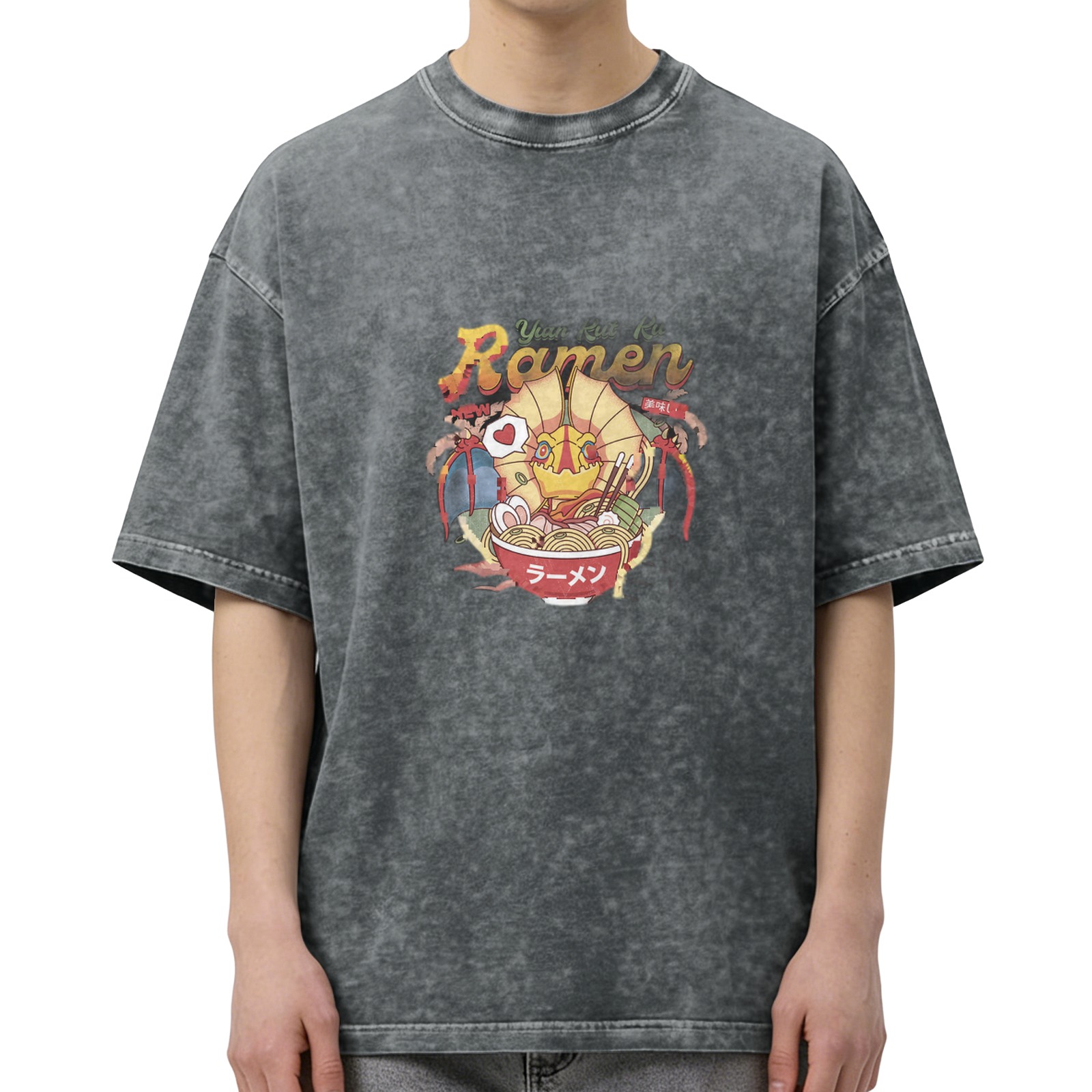Oversized Acid Wash T-Shirt with Ramen Anime Graphic