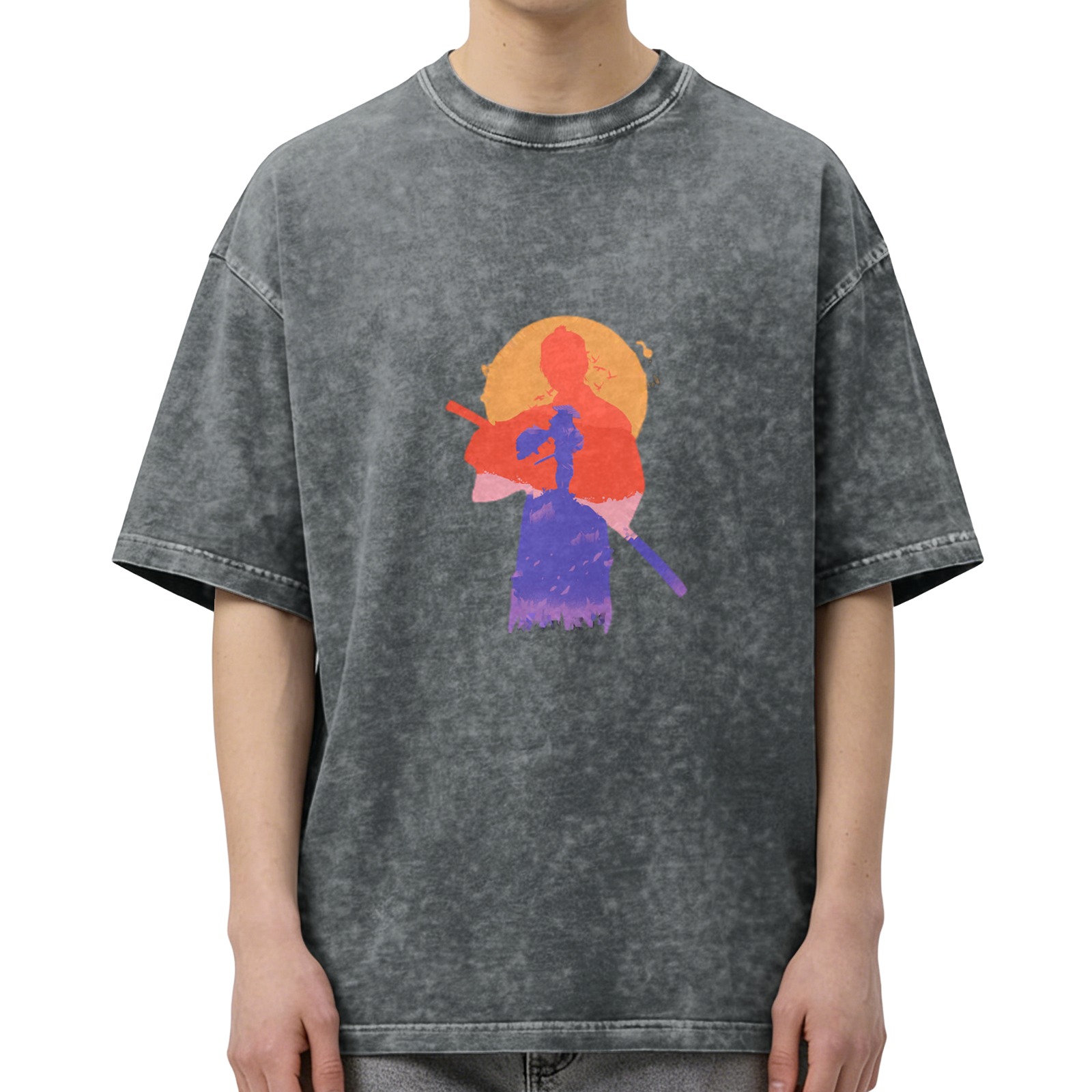 Washed black graphic t-shirt with samurai sunset silhouette print